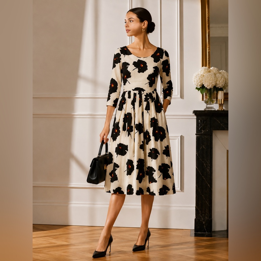 Samantha Sung Black Poppy Floral Midi Dress Wool Silk MSRP $995 Size 4